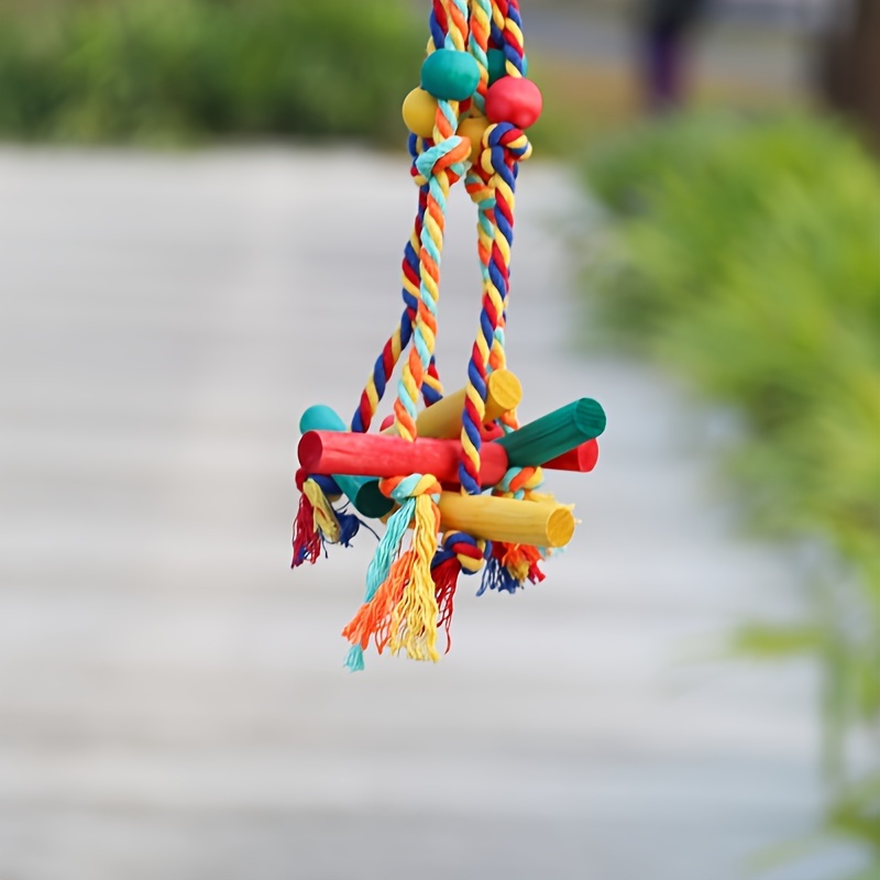 Mia-Colorful Braided Rope Chew Toy for Parrots with Wooden Blocks & Beads - Image 3