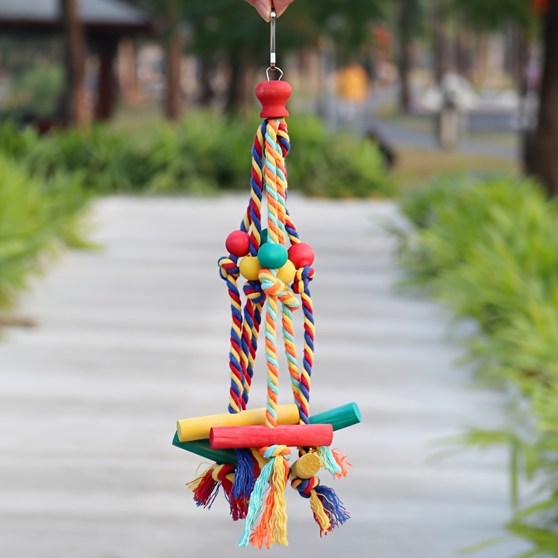 Mia-Colorful Braided Rope Chew Toy for Parrots with Wooden Blocks & Beads - Image 7